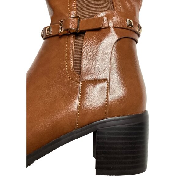 Torgies Womens 6 Cognac Brown Faux Leather Riding Boots With Gold Studded Strap - Picture 6 of 16